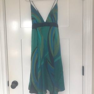 green and blue silk dress